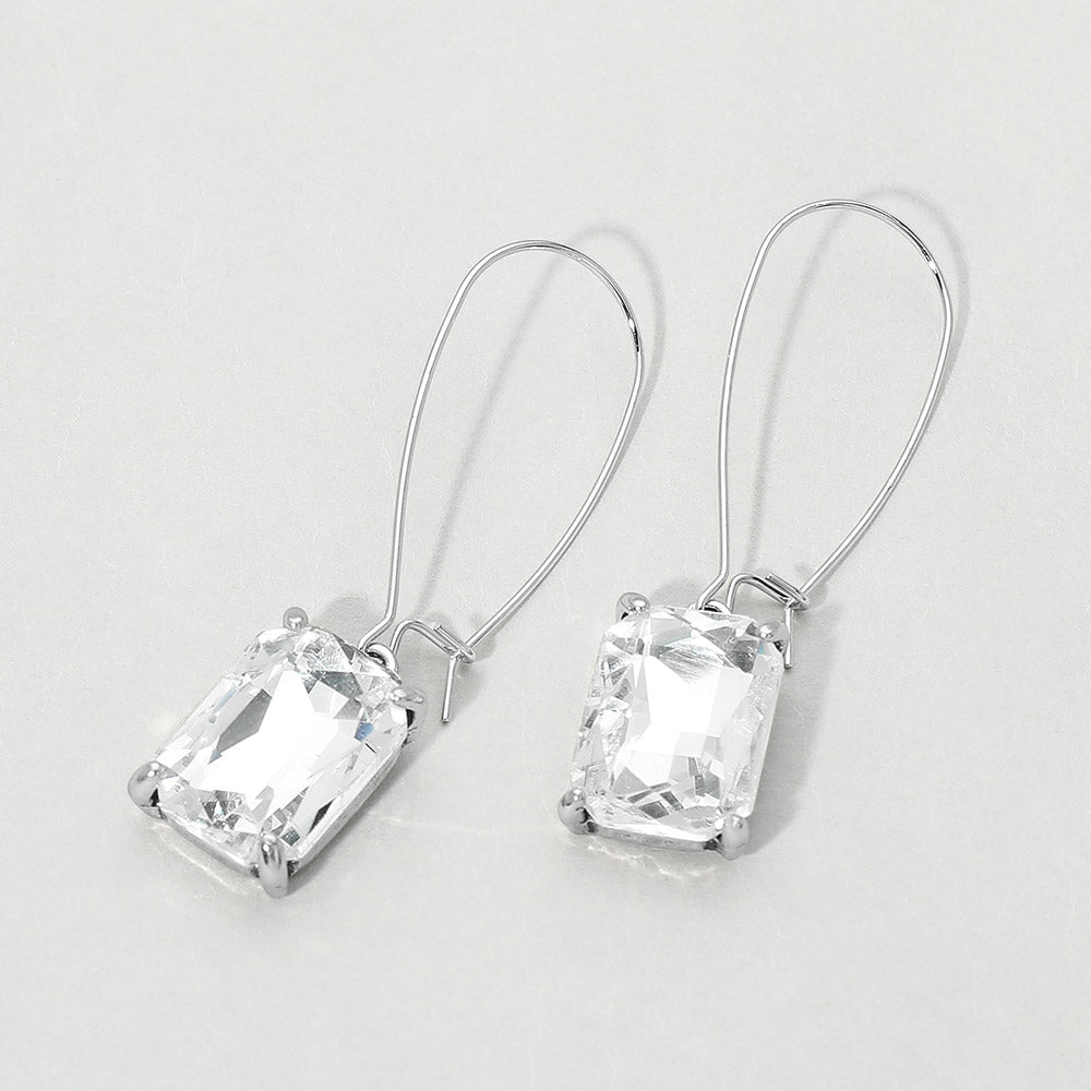 Madeline Love Antique Silver, Clear Emerald Cut Stone Dangle Evening Earrings