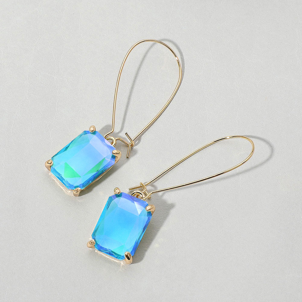 Madeline Love AB, Blue Emerald Cut Stone Dangle Evening Earrings