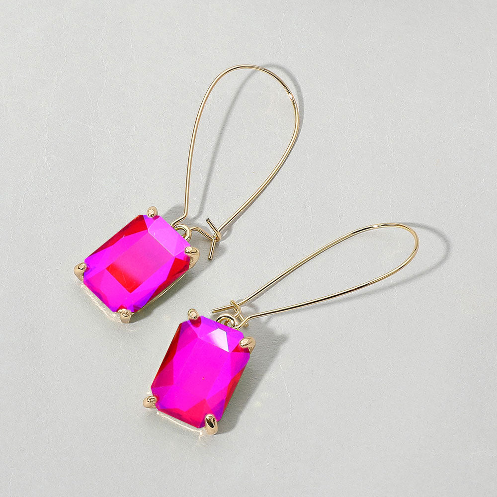 Madeline Love AB, Fuchsia Emerald Cut Stone Dangle Evening Earrings