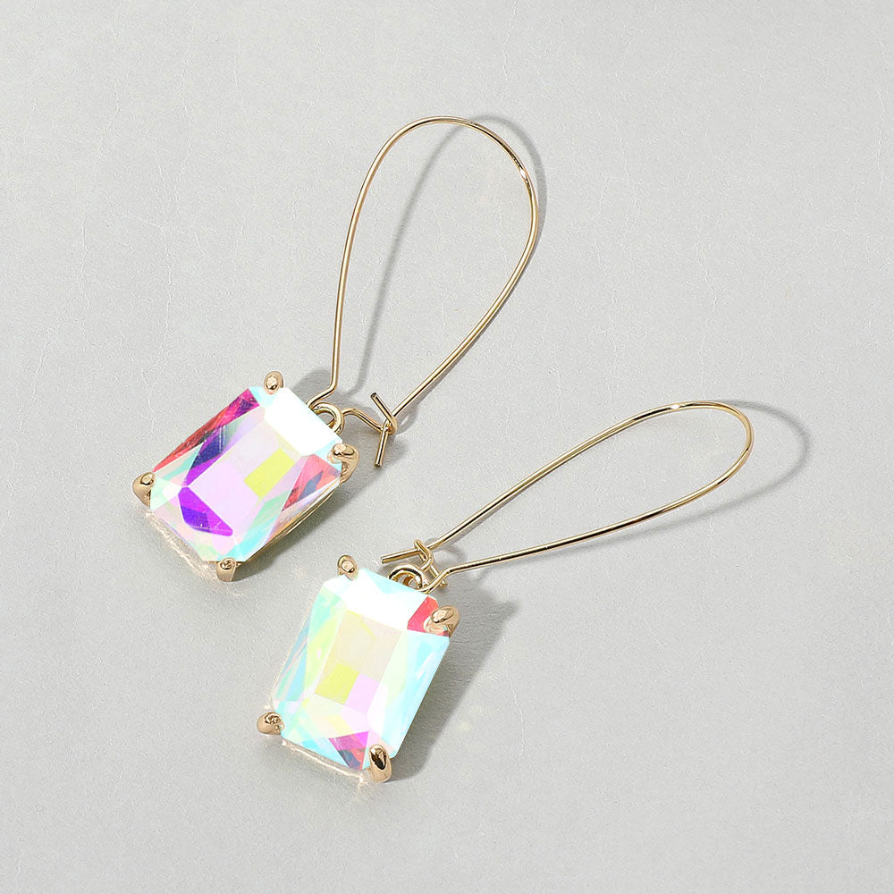 Madeline Love AB, Gold Emerald Cut Stone Dangle Evening Earrings