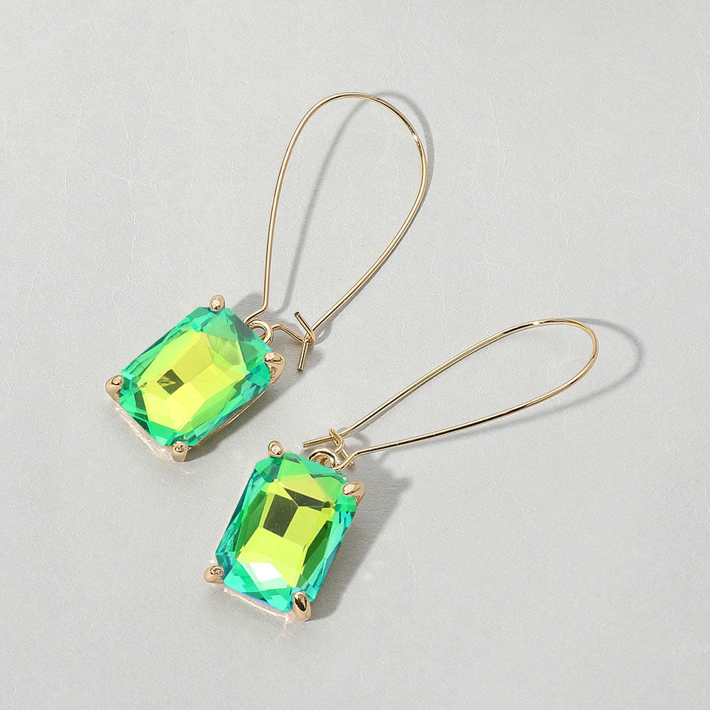 Madeline Love AB, Green Emerald Cut Stone Dangle Evening Earrings