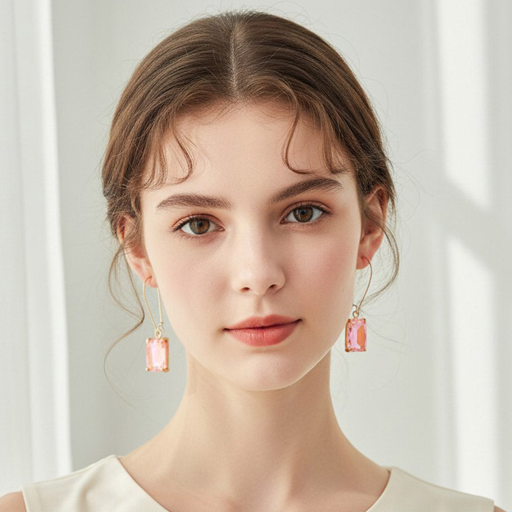 Madeline Love AB, Coral, Neon Emerald Cut Stone Dangle Evening Earrings