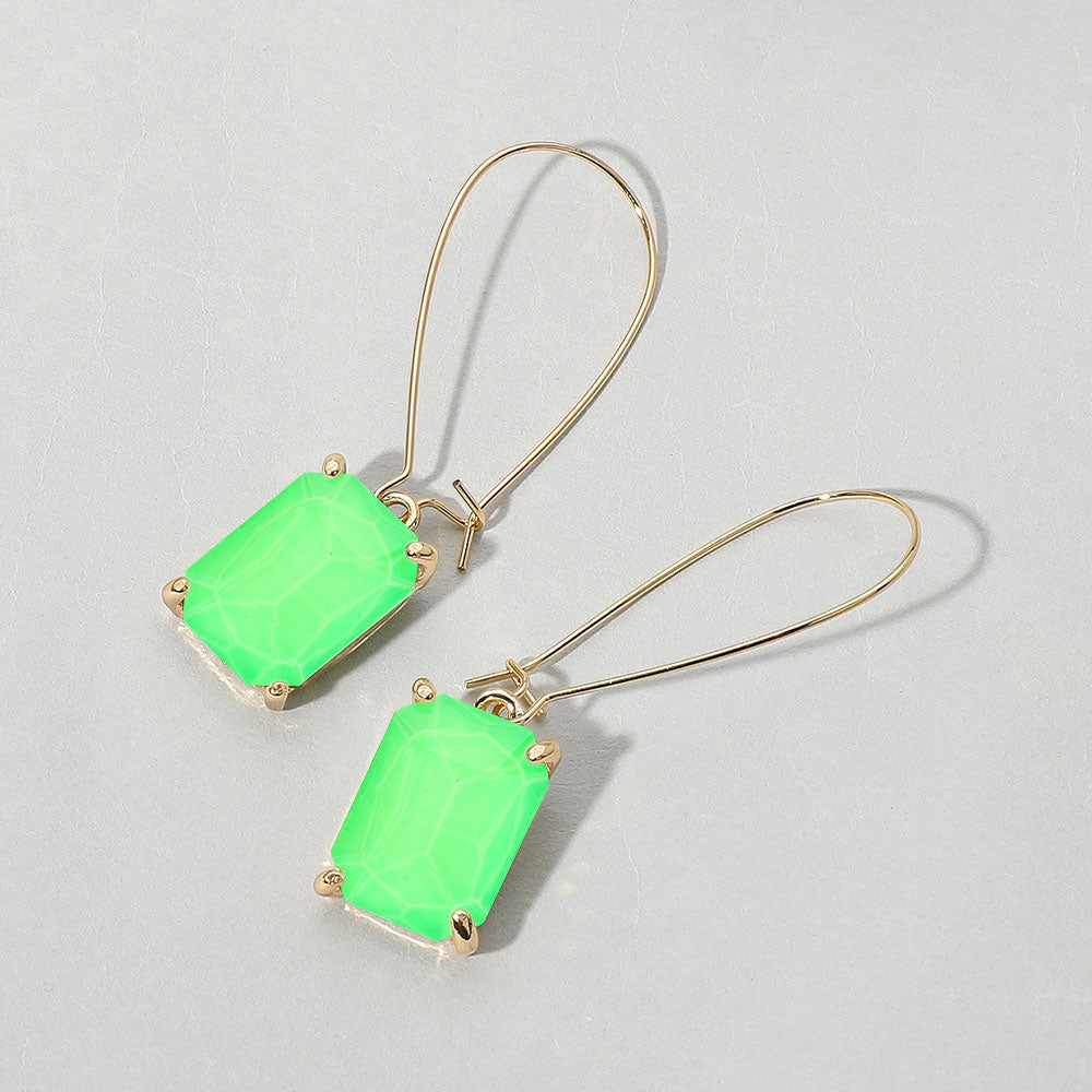 Madeline Love Green, Neon Emerald Cut Stone Dangle Evening Earrings