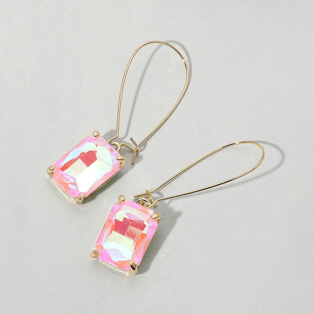 Madeline Love AB, Pink Emerald Cut Stone Dangle Evening Earrings