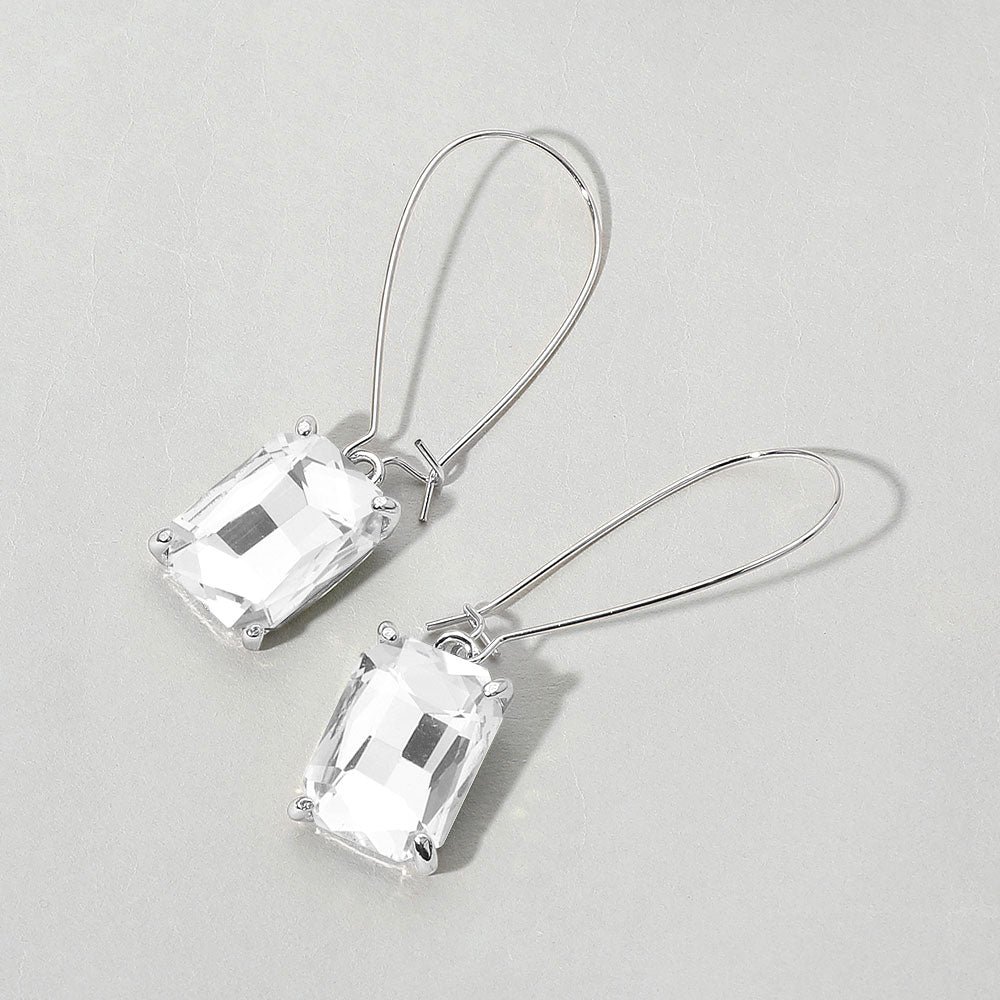 Madeline Love Clear, Light, Silver Emerald Cut Stone Dangle Evening Earrings