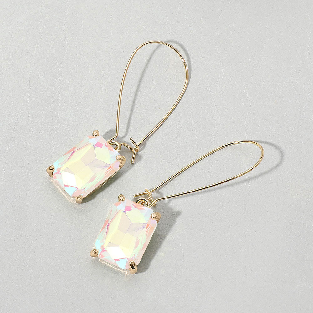 Madeline Love AB, White Emerald Cut Stone Dangle Evening Earrings