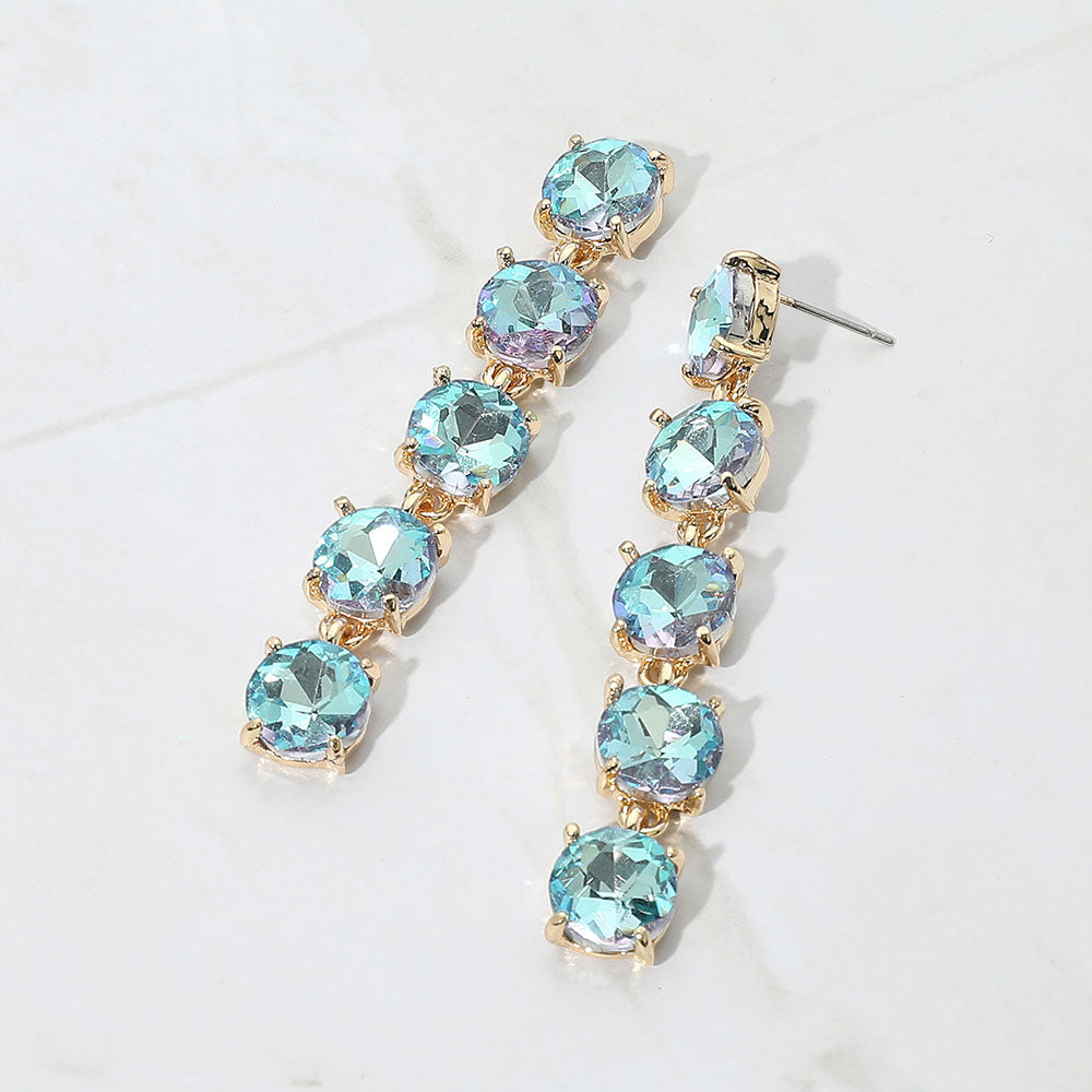 Madeline Love AB, Aqua Round Stone Link Dangle Evening Earrings