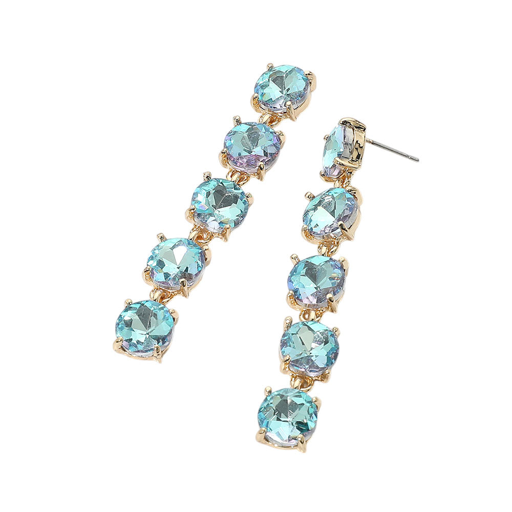 Madeline Love AB, Aqua Round Stone Link Dangle Evening Earrings - desc