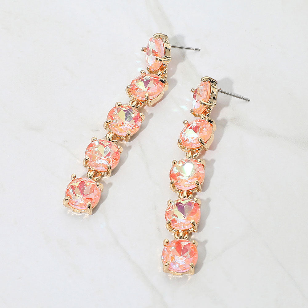 Madeline Love AB, Peach Round Stone Link Dangle Evening Earrings