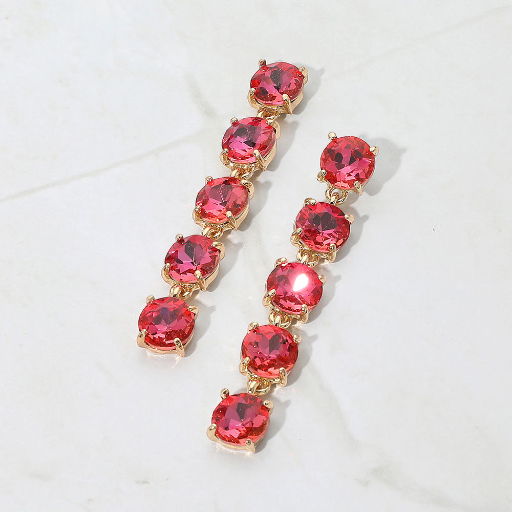 Madeline Love AB, Pink Round Stone Link Dangle Evening Earrings