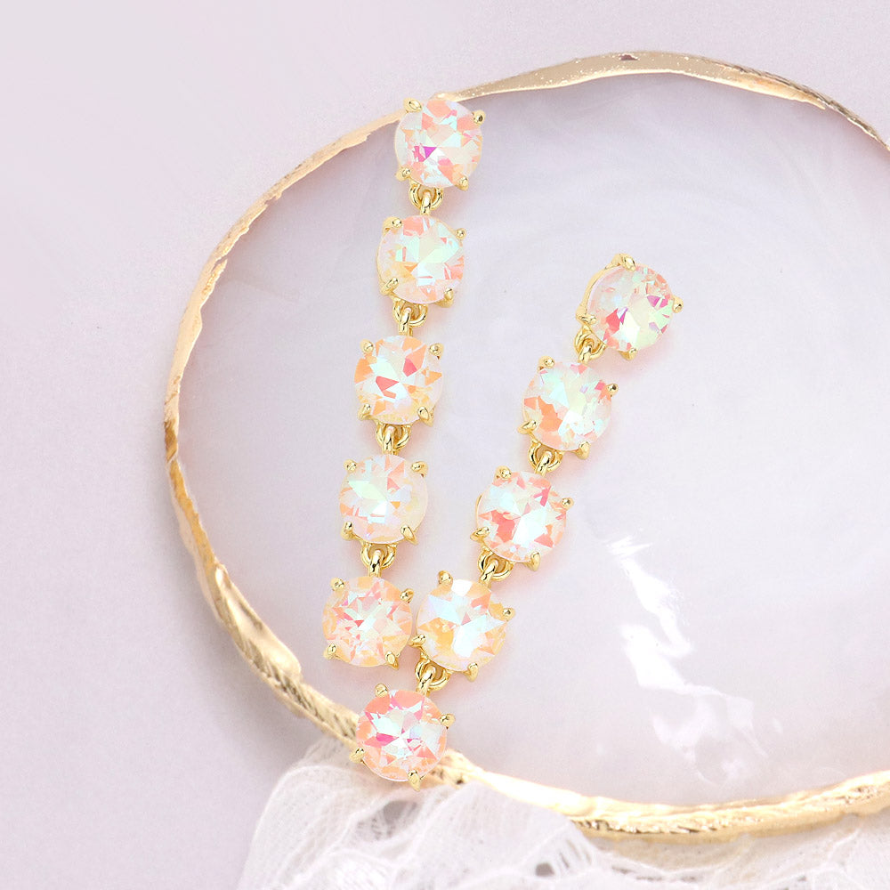 Madeline Love AB, White Round Stone Link Dangle Evening Earrings
