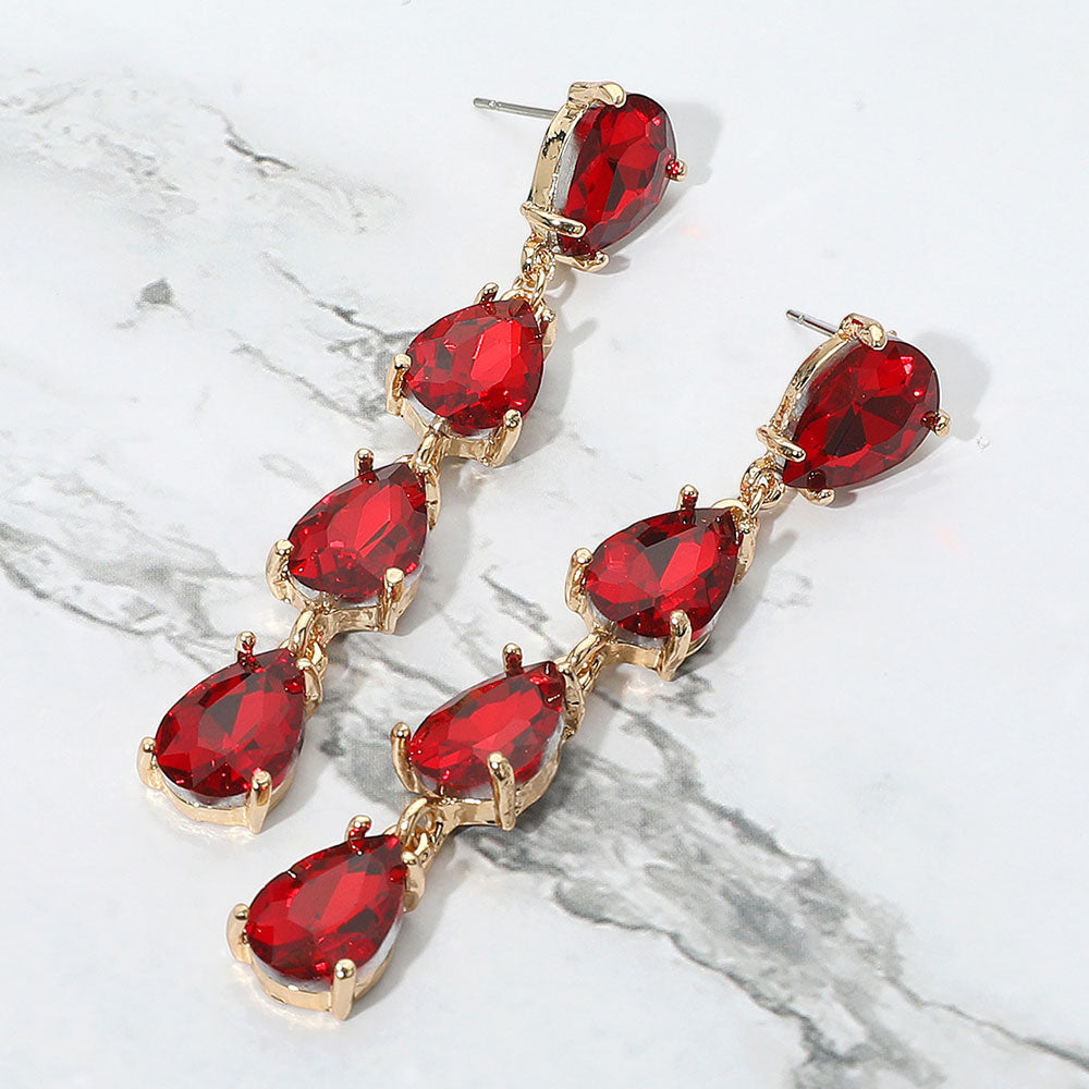 Madeline Love Gold, Red Teardrop Stone Link Dangle Evening Earrings