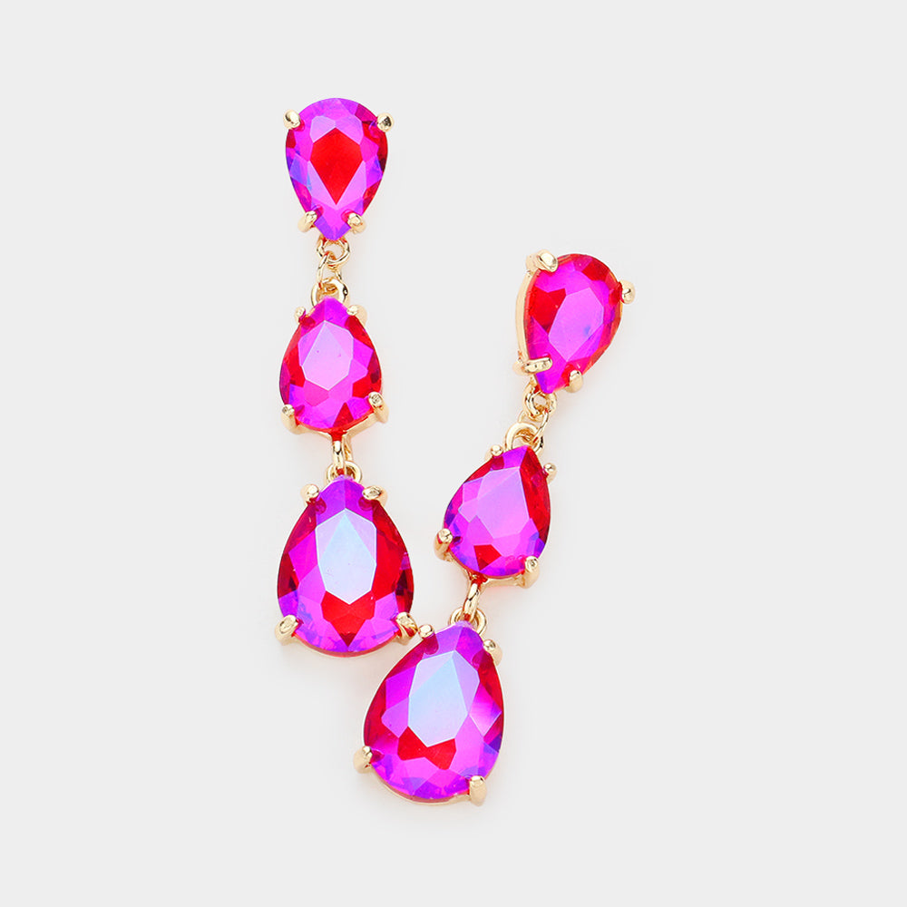 Madeline Love AB, Fuchsia Teardrop Stone Link Dropdown Evening Earrings