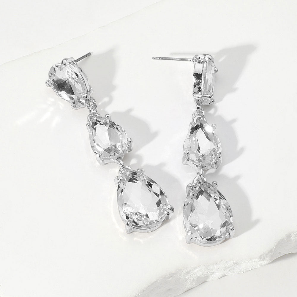 Madeline Love Clear, Silver Teardrop Stone Link Dropdown Evening Earrings