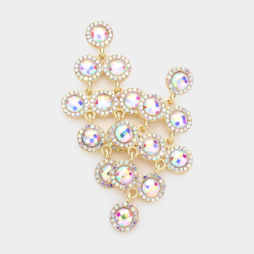 Madeline Love AB, Gold Round Stone Cluster Vine Dangle Evening Earrings