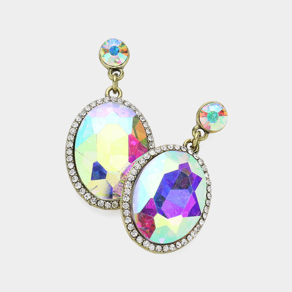 Madeline Love AB, Gold Burnished Oval Glass Crystal Stone Evening Earrings