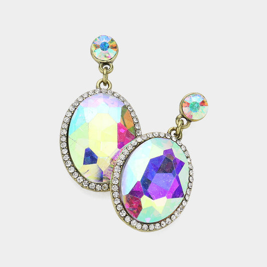 Madeline Love AB, Gold Burnished Oval Glass Crystal Stone Evening Earrings
