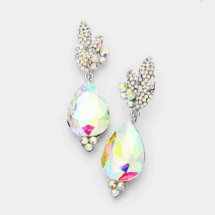 Madeline Love AB, Silver Rhinestone Pave Leaf Crystal Teardrop Evening Earrings