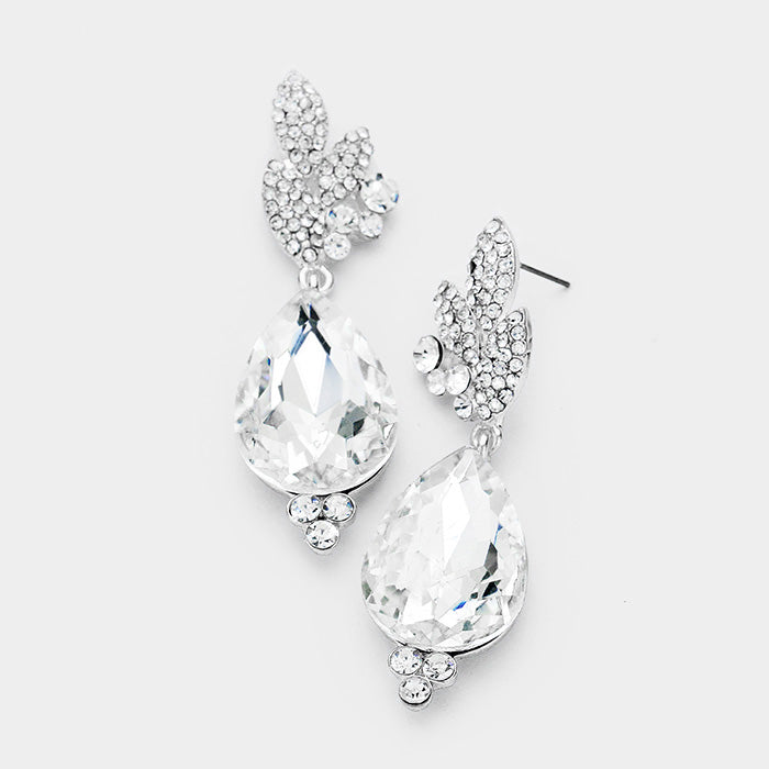 Madeline Love Clear, Silver Rhinestone Pave Leaf Crystal Teardrop Evening Earrings