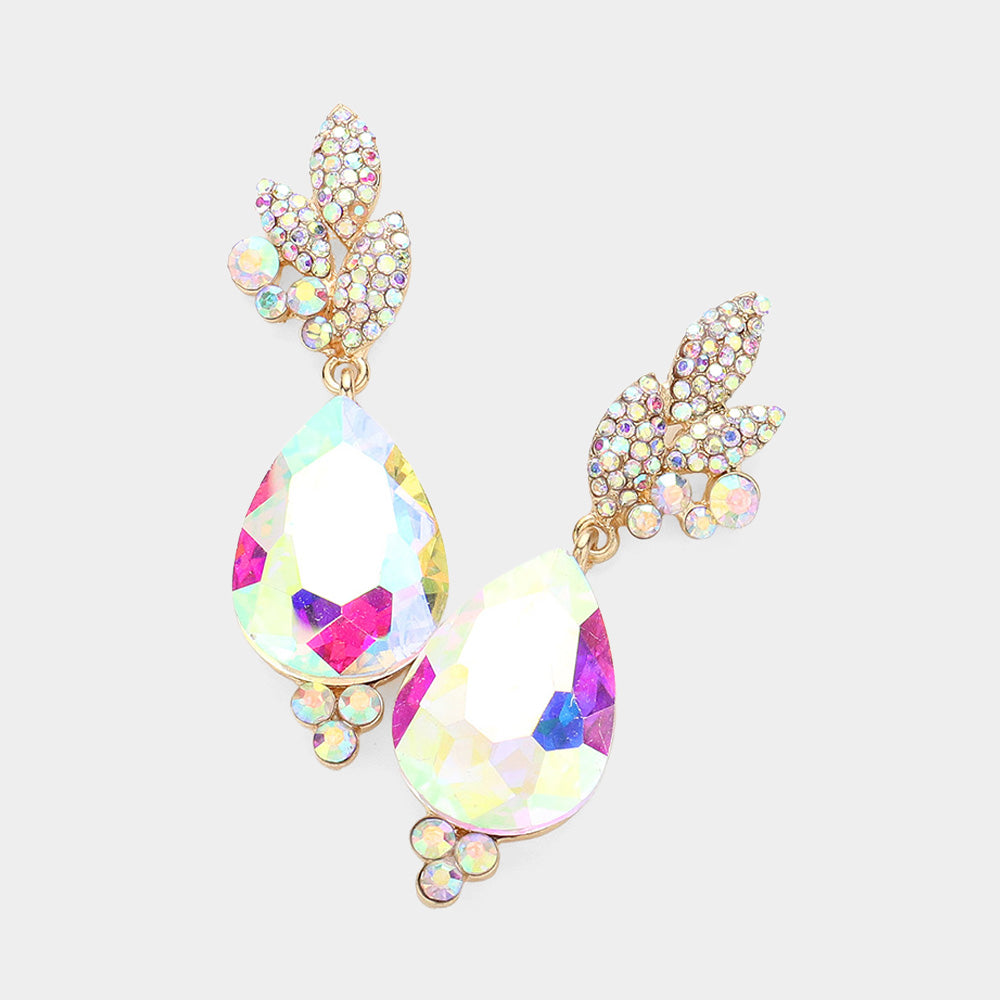 Madeline Love AB, Gold Rhinestone Pave Leaf Crystal Teardrop Evening Earrings
