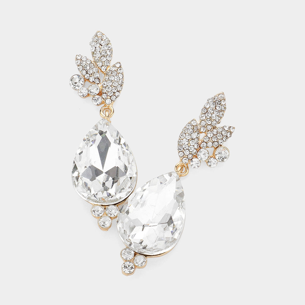 Madeline Love Clear, Gold Rhinestone Pave Leaf Crystal Teardrop Evening Earrings