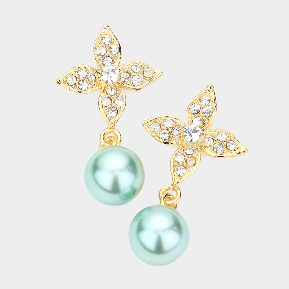 Madeline Love Clear, Gold, Teal Elegant Floral Motif Crystal Pearl Drop Earrings