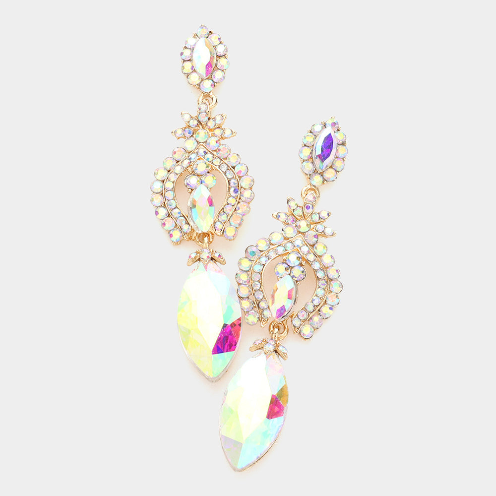 Madeline Love AB, Gold Marquise Glass Crystal Dangle Evening Earrings