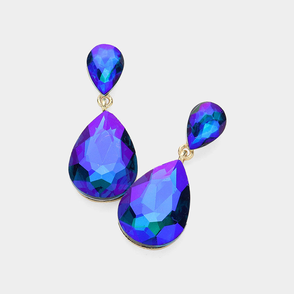 Madeline Love AB, Blue, Gold Crystal Double Teardrop Evening Earrings