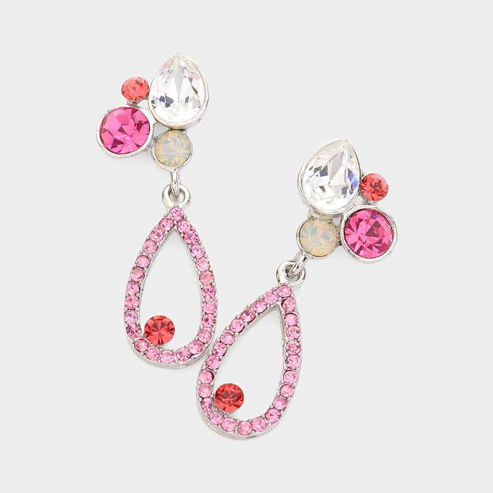 Madeline Love Pink, Rhodium Teardrop Round Crystal Pointed Open Teardrop Dangle Evening Earrings