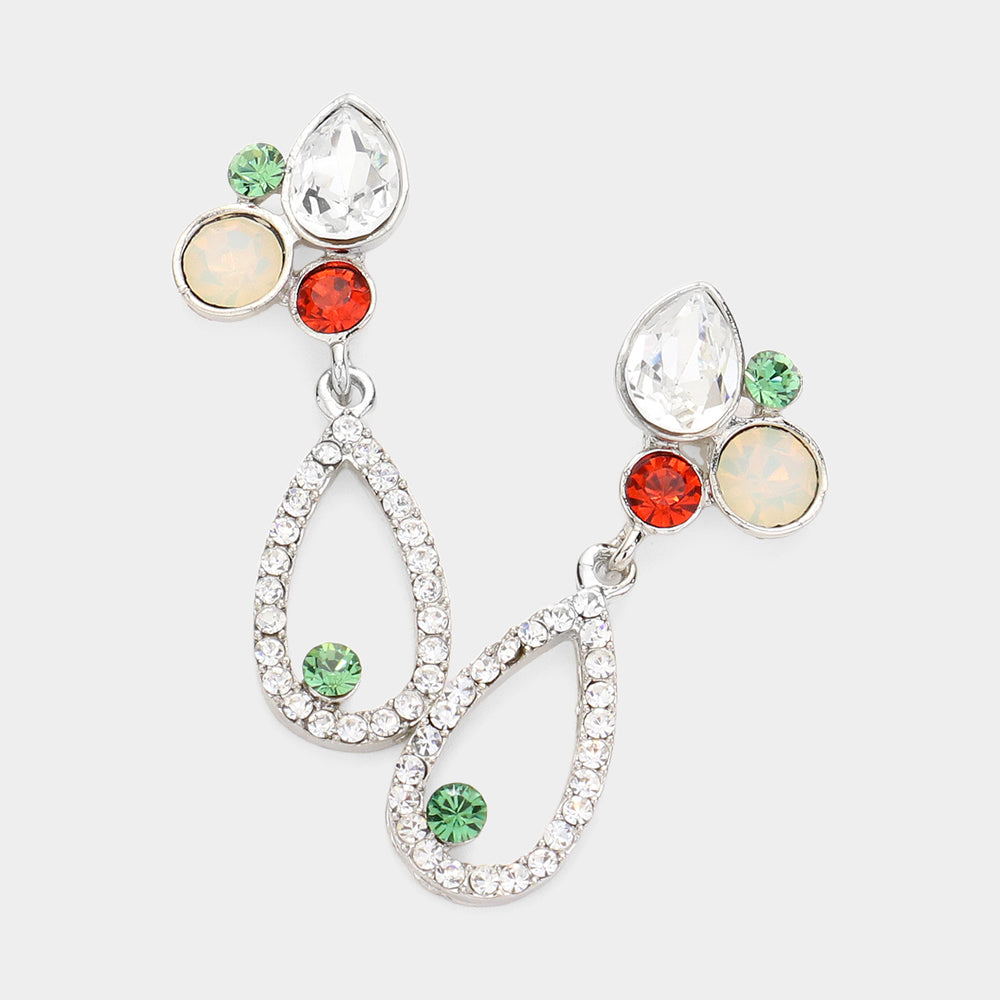 Madeline Love Clear, Opal, Rhodium Teardrop Round Crystal Pointed Open Teardrop Dangle Evening Earrings