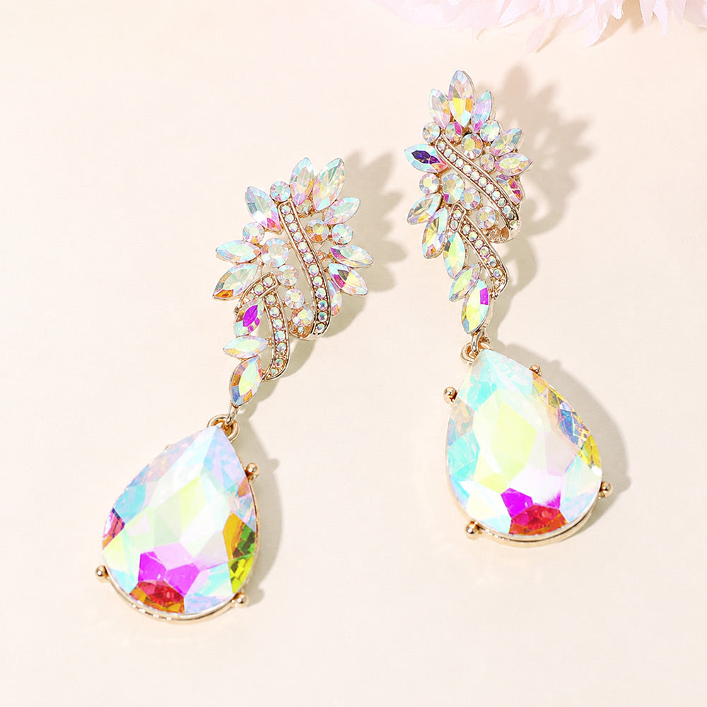 Madeline Love AB, Gold Marquise Stone Cluster Teardrop Dangle Evening Earrings