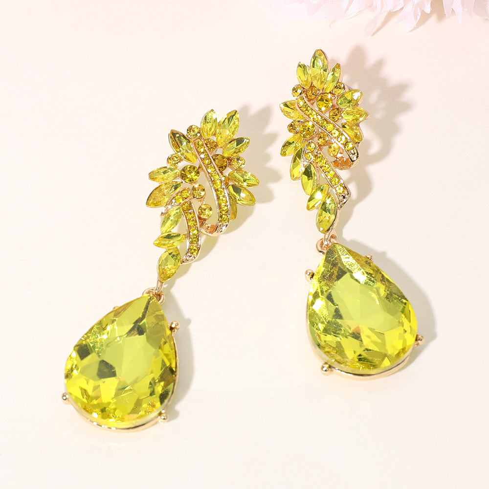 Madeline Love Gold, Yellow Marquise Stone Cluster Teardrop Dangle Evening Earrings