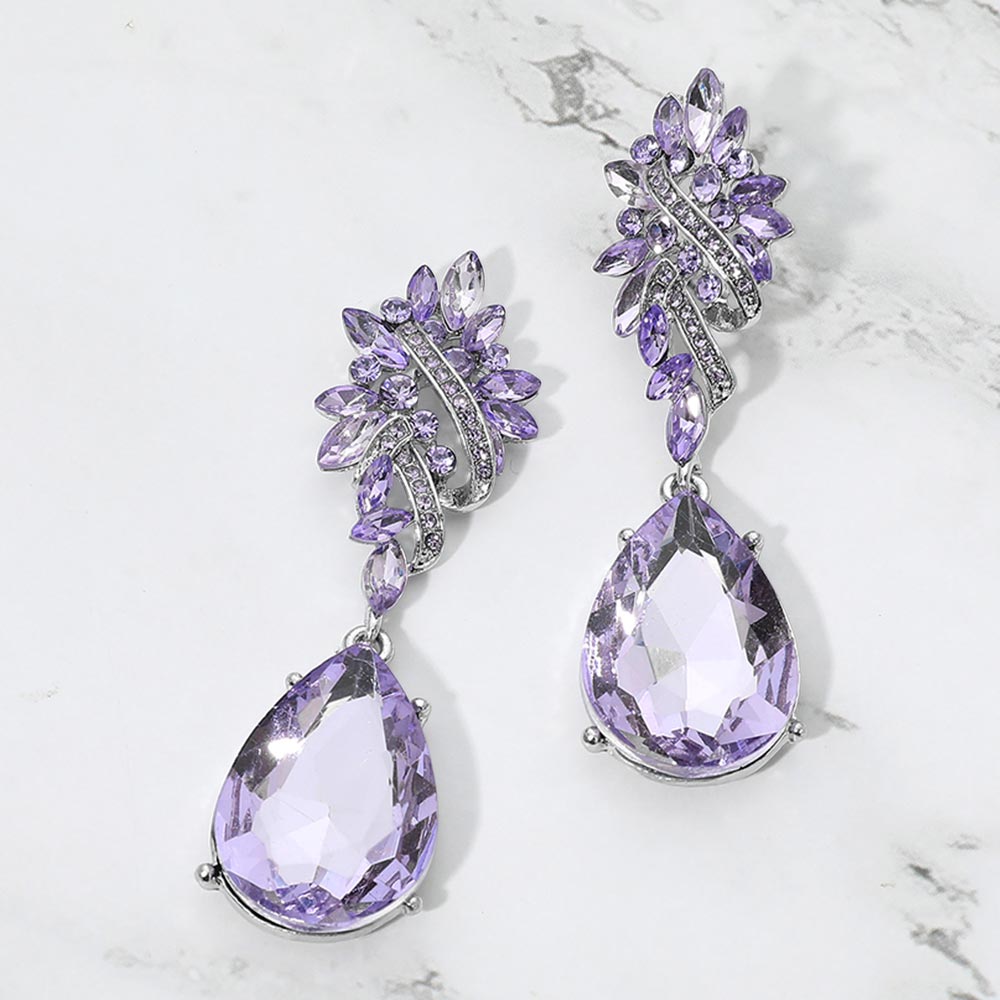 Madeline Love Silver, Violet Marquise Stone Cluster Teardrop Dangle Evening Earrings
