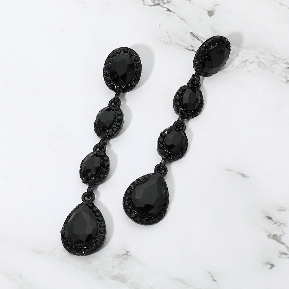 Madeline Love Black, Jet Black Teardrop Stone Cluster Link Linear Drop Evening Earrings