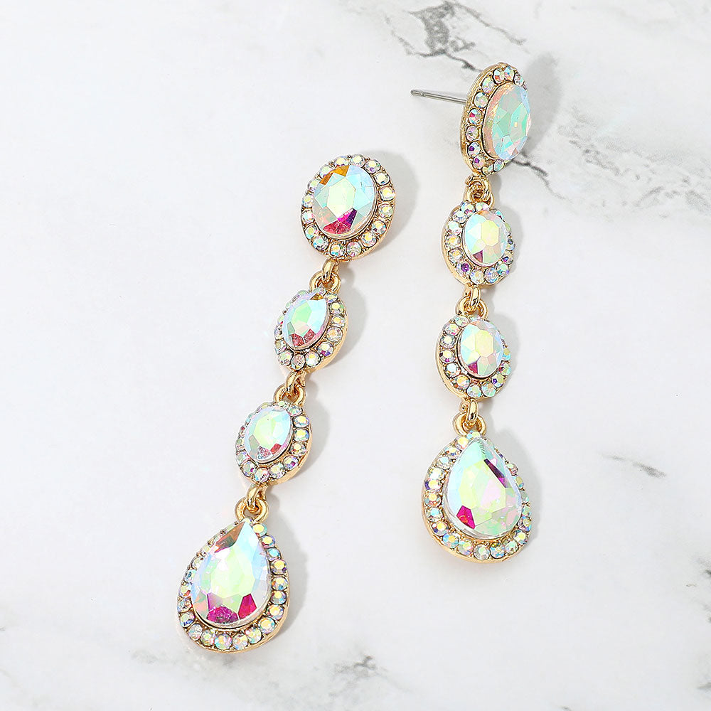 Madeline Love AB, Gold Teardrop Stone Cluster Link Linear Drop Evening Earrings