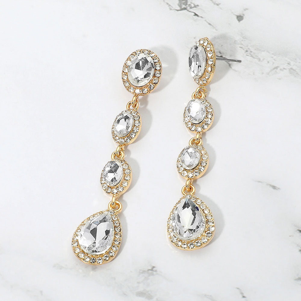 Madeline Love Clear, Gold Teardrop Stone Cluster Link Linear Drop Evening Earrings