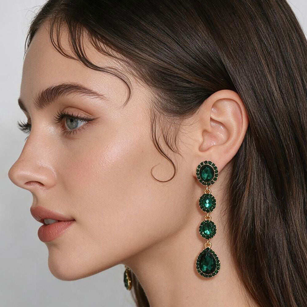 Madeline Love Emerald, Gold Teardrop Stone Cluster Link Linear Drop Evening Earrings