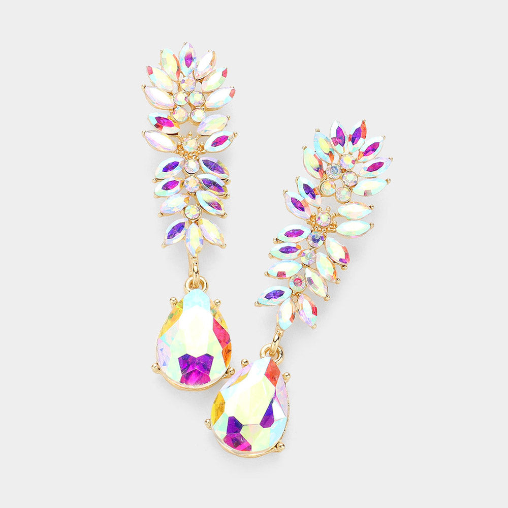 Madeline Love AB, Gold Marquise Stone Cluster Teardrop Link Dangle Evening Earrings