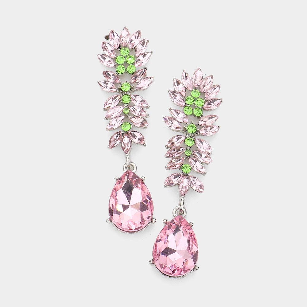 Madeline Love Pink&Green Marquise Stone Cluster Teardrop Link Dangle Evening Earrings