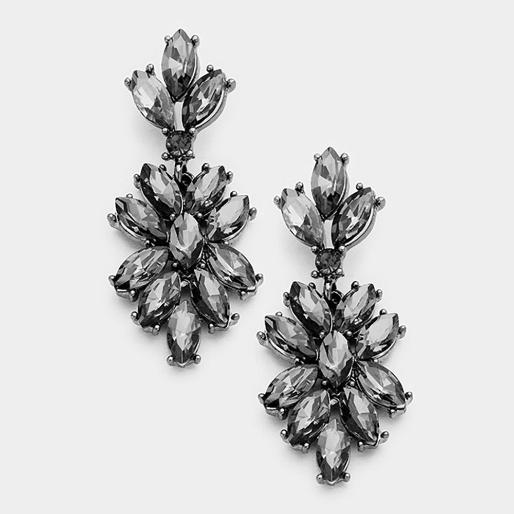 Madeline Love Black, Black Diamond Marquise Glass Crystal Oval Cluster Vine Evening Earrings