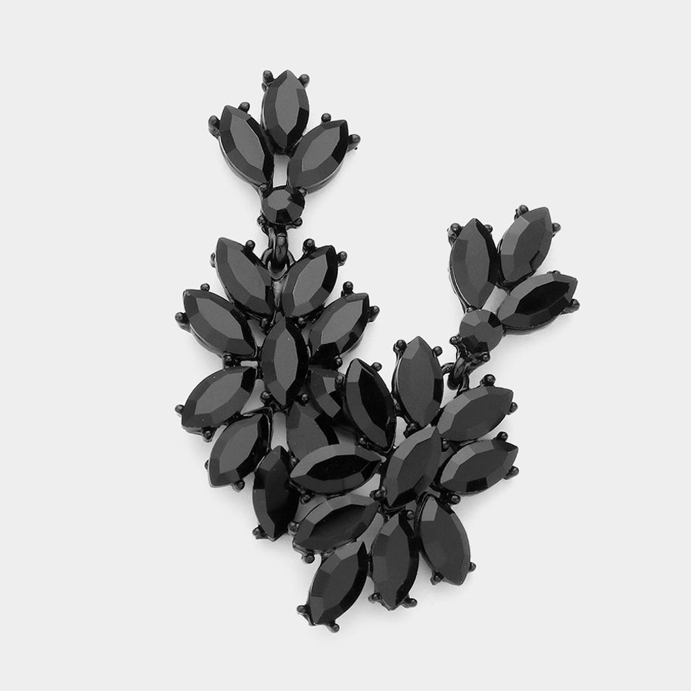 Madeline Love Black, Jet Black Marquise Glass Crystal Oval Cluster Vine Evening Earrings