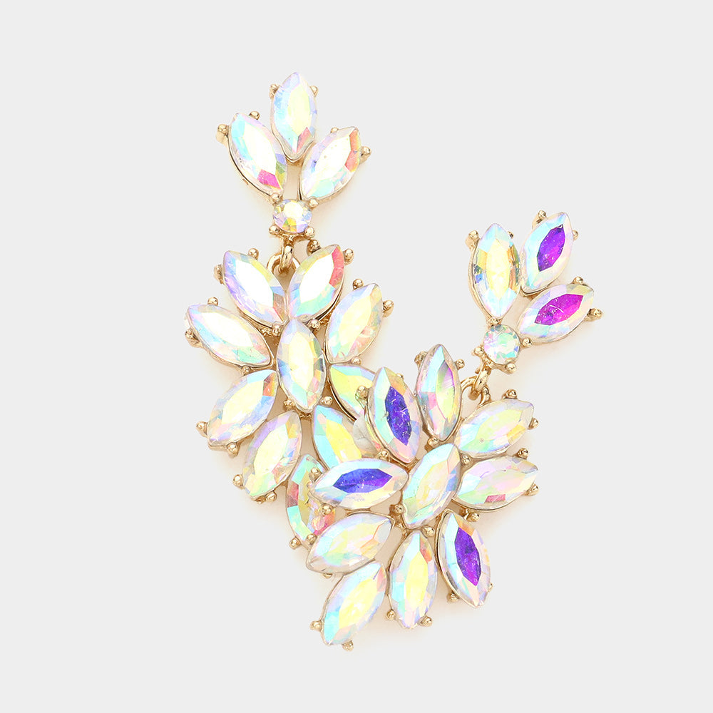 Madeline Love AB, Gold Marquise Glass Crystal Oval Cluster Vine Evening Earrings