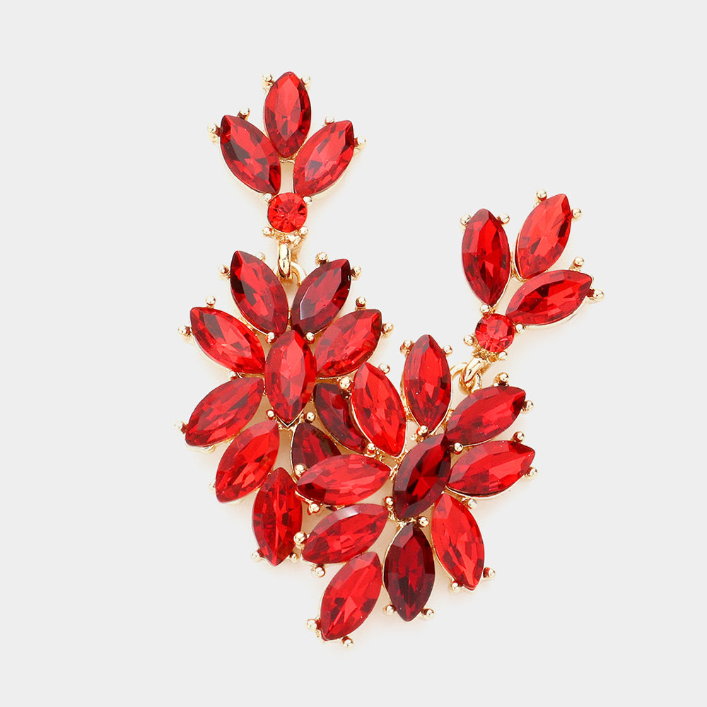 Madeline Love Gold, Siam Marquise Glass Crystal Oval Cluster Vine Evening Earrings