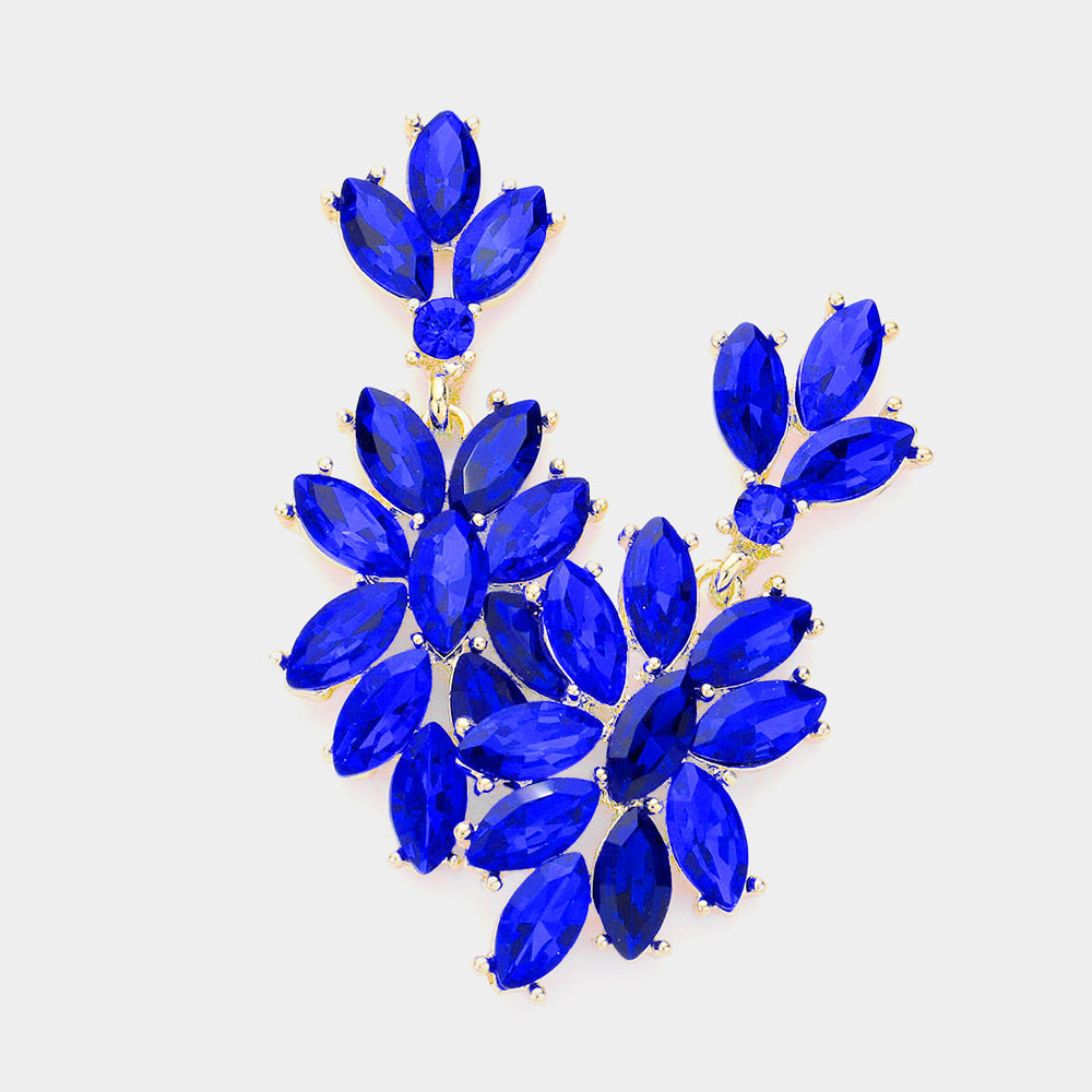 Madeline Love Gold, Sapphire Marquise Glass Crystal Oval Cluster Vine Evening Earrings