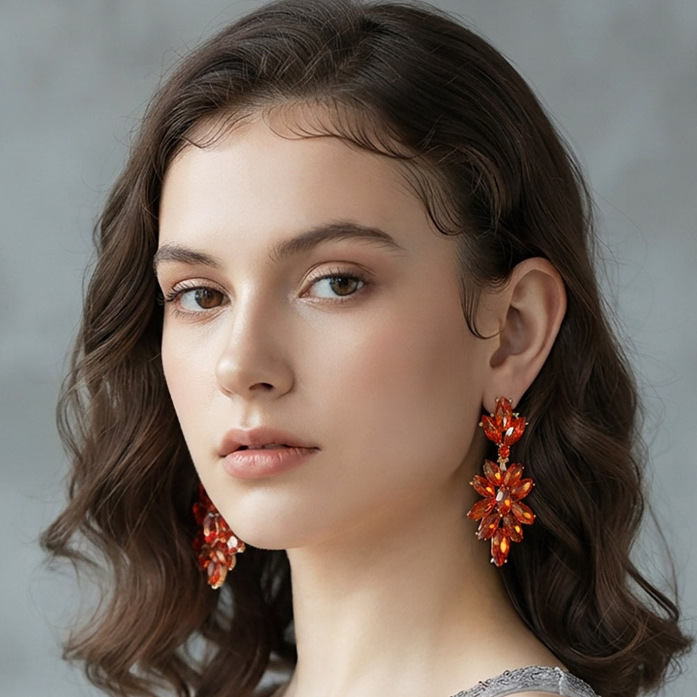 Madeline Love Gold, Orange Marquise Glass Crystal Oval Cluster Vine Evening Earrings