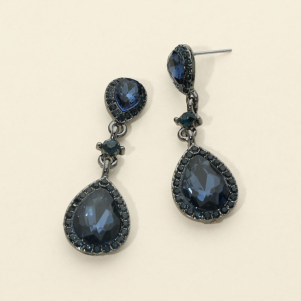 Madeline Love Black, Montana Blue Double Teardrop Stone Accented Dangle Evening Earrings