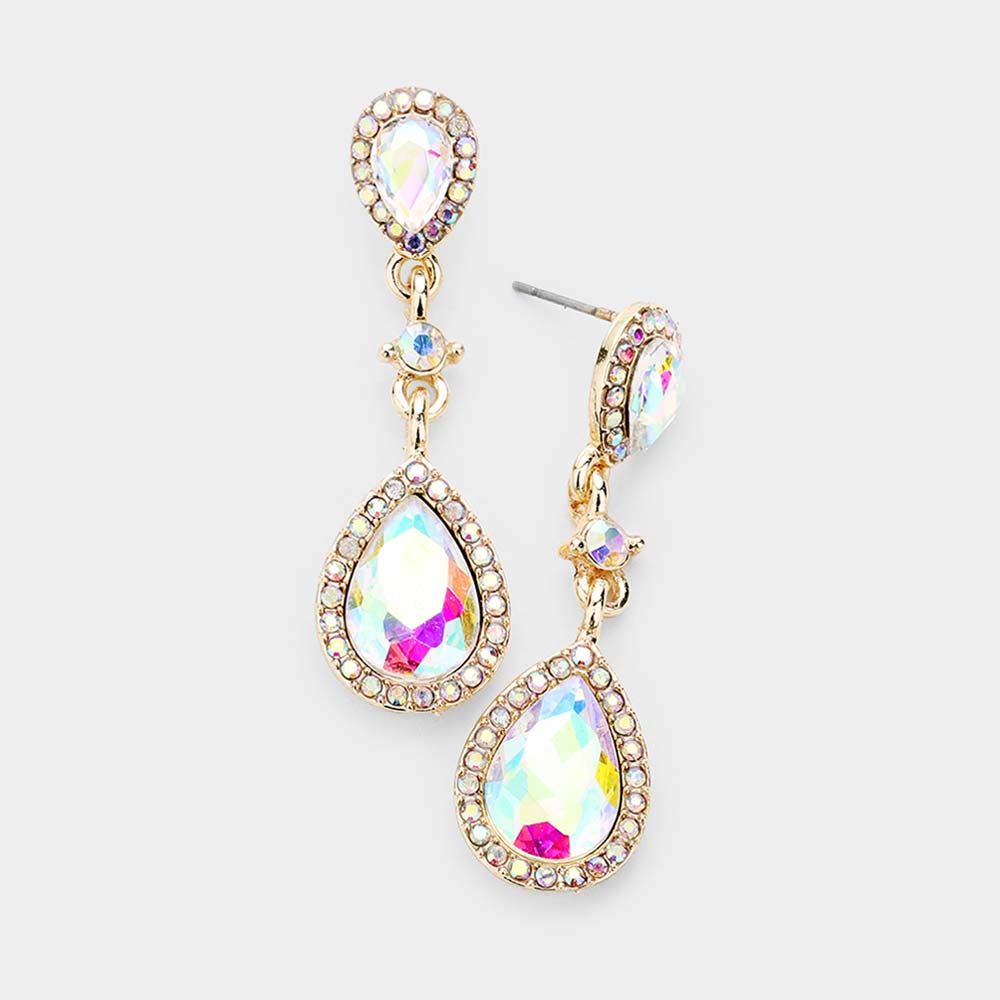 Madeline Love AB, Gold Double Teardrop Stone Accented Dangle Evening Earrings