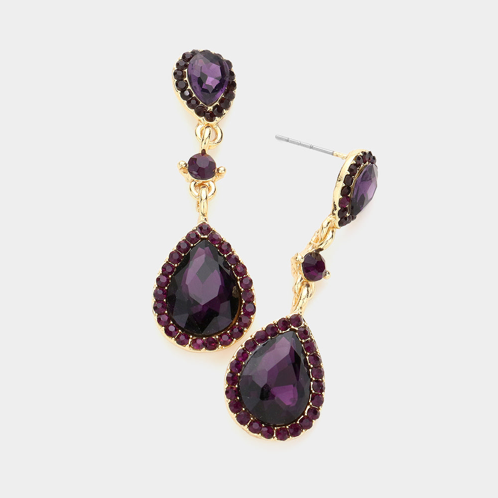 Madeline Love Amethyst , Gold Double Teardrop Stone Accented Dangle Evening Earrings