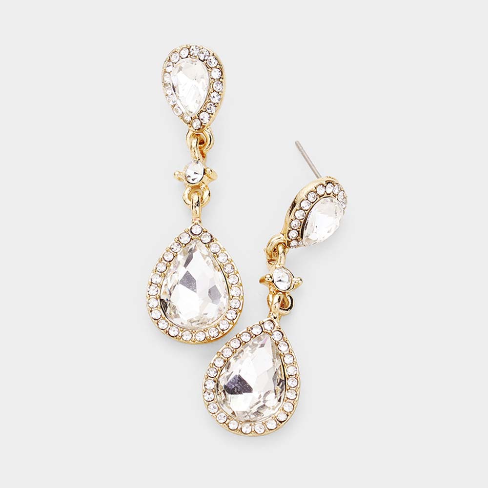 Madeline Love Clear, Gold Double Teardrop Stone Accented Dangle Evening Earrings