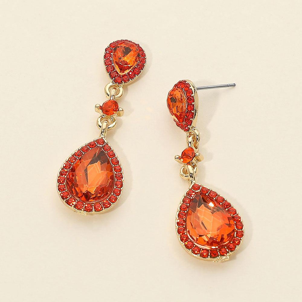 Madeline Love Gold, Orange Double Teardrop Stone Accented Dangle Evening Earrings